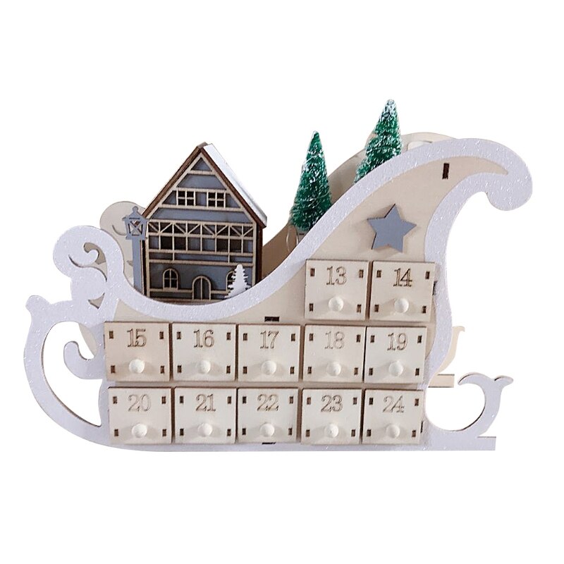 Haus Schlitten Holz Advent Kalender Countdown Weihnachten Party Dekor 24 Schubladen L4MB