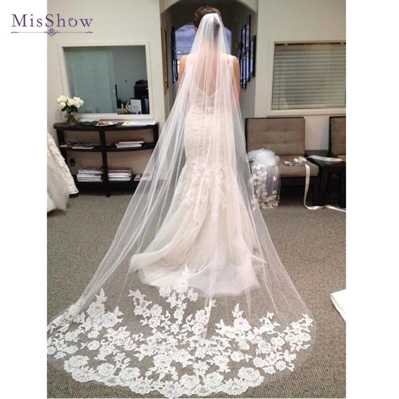 Hochzeit Zubehör Appliques Tüll Lange Kathedrale Hochzeit Schleier Spitze Rand Braut Schleier mit Kamm veu de noiva longo