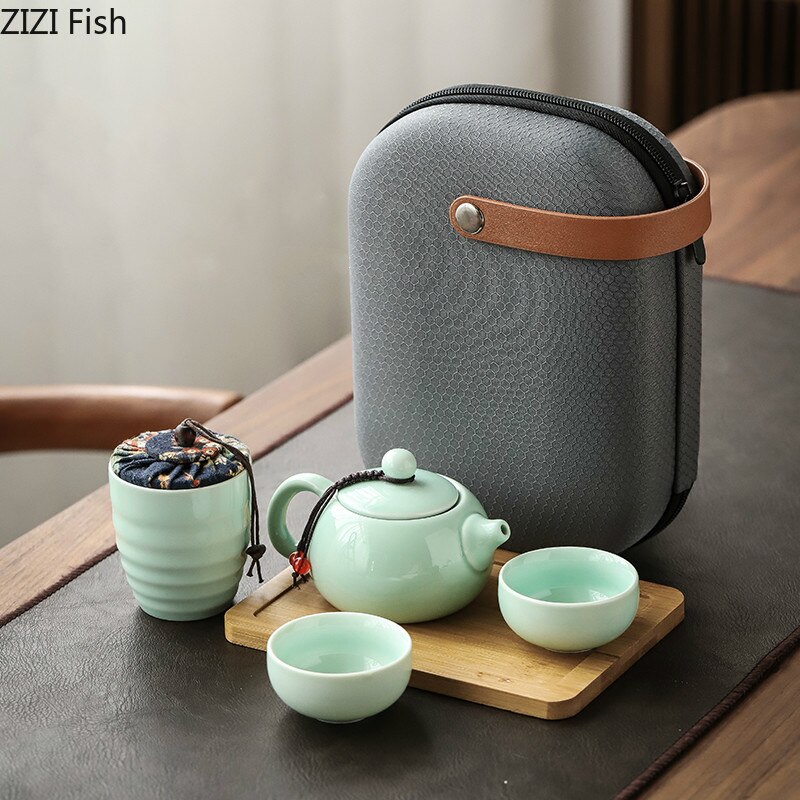 Kung-Fu Tee-einstellen Keramik Eine Teekanne Zwei Tassen Reise Tee-einstellen Tragetasche Tee Kasten Chinesischen Stil Tragbare Schnell Trinken teetasse setzt