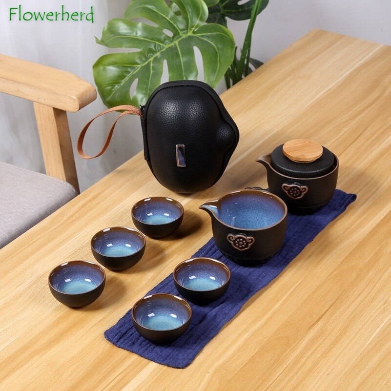 retro Keramik Porzellan Kung Fu Tee-einstellen Teegeschirr Reise Tee Topf Tee Tasse Steinzeug Tee-einstellen matt Teekanne Tee Tasse einstellen von 6