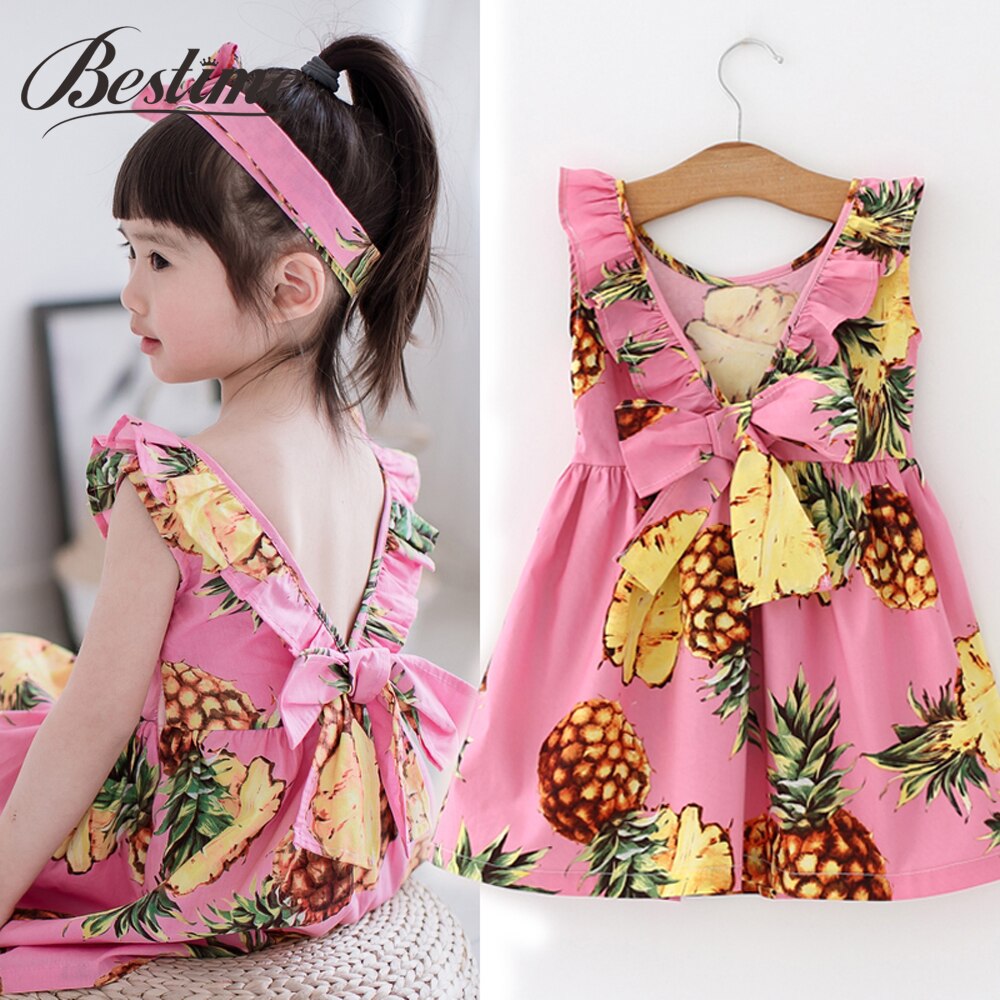 Sommer Ananas Mädchen Kleid Rosa Baumwolle Ärmellose freundlicher Kleid Mädchen Strand Kleid freundlicher Kleidung Kleid für Mädchen