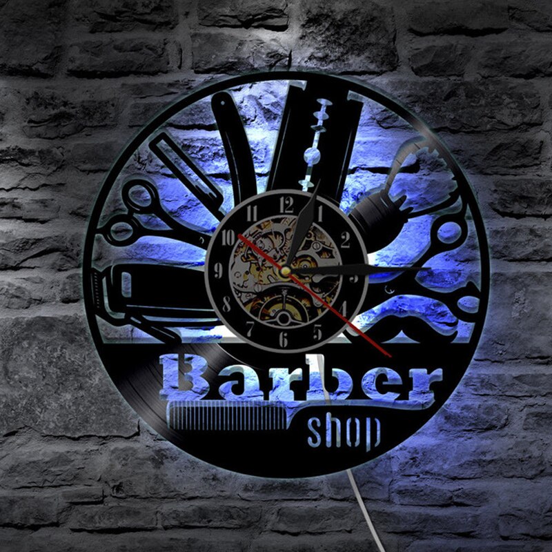Friseur Vinyl aufzeichnen Wanduhr Friseur Salon Schönheit Salon Uhren Modernes Barbershop 3D LED Zauberstab Uhr Wohnkultur