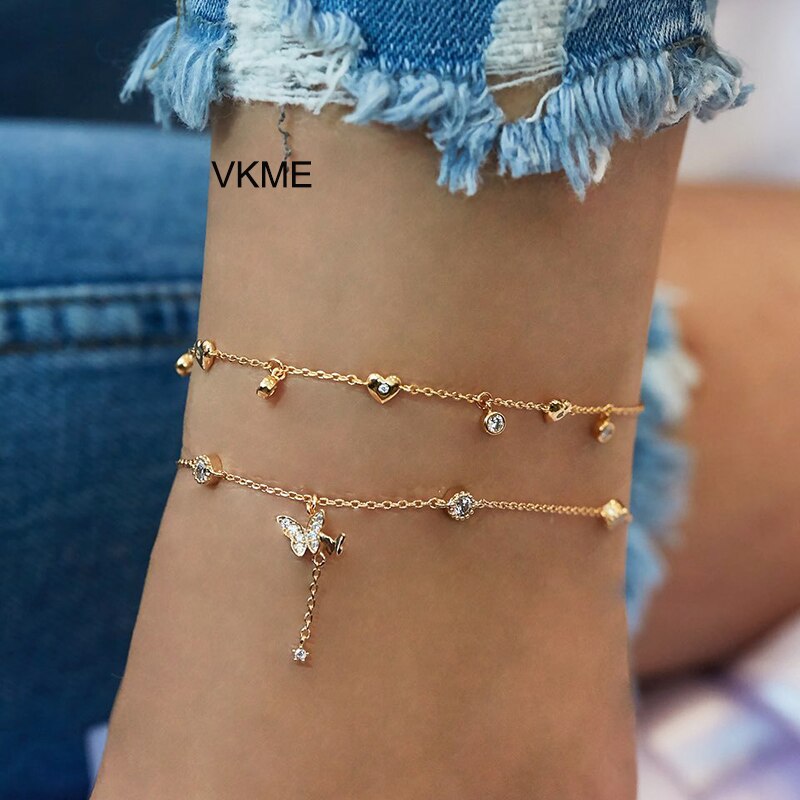 VKME 2 kette Kristall Schmetterling Anhänger Fußkettchen NEUE Fuß Armbinde auf Bein Strand Frauen Fußkettchen Schmuck