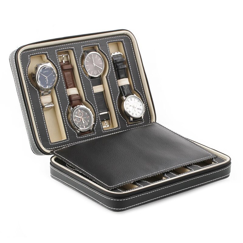 8 Gitter Uhr Anzeige Lagerung Kasten fallen Tablett Mit Reißverschluss Reisen Uhr Sammler fallen Faux Leder Schwarz