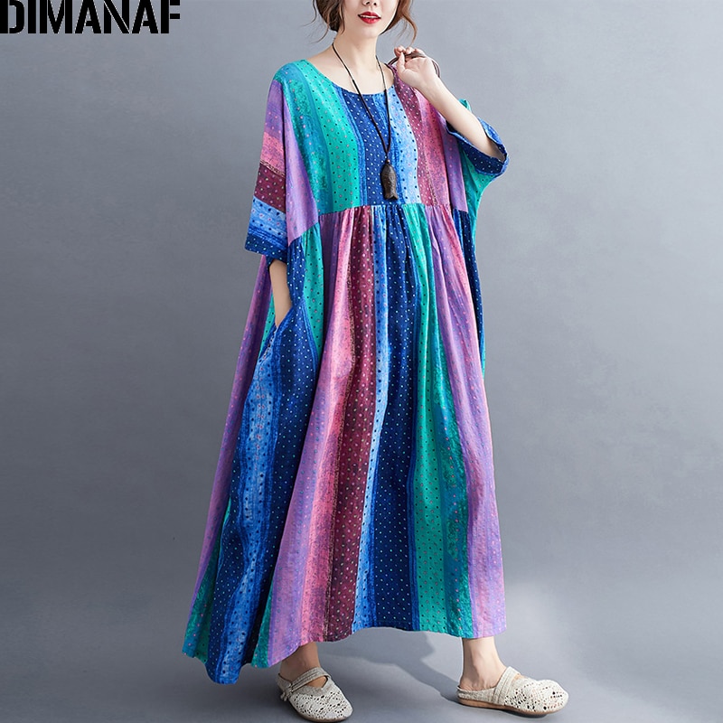 DIMANAF Plus Größe Frauen drucken Kleid Baumwolle Sommerkleid Sommer Vestidos verlieren Gefaltete Dame Lange max Kleid 5XL 6XL Kleidung
