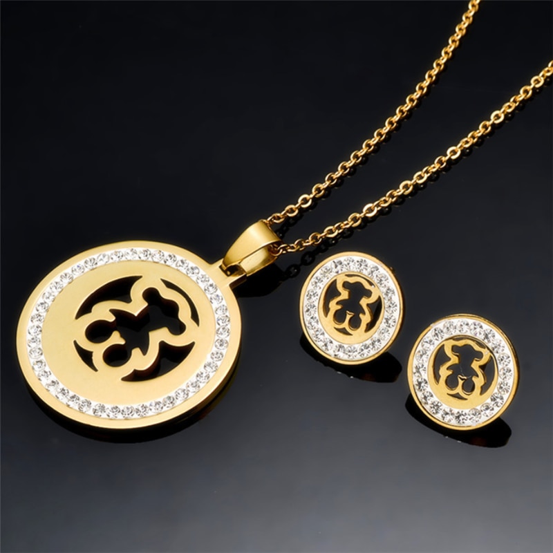 Bär Anhänger Ohrringe Halskette einstellen Goldene Nette CZ Charme Halskette Frauen Edelstahl Halskette Schmuck