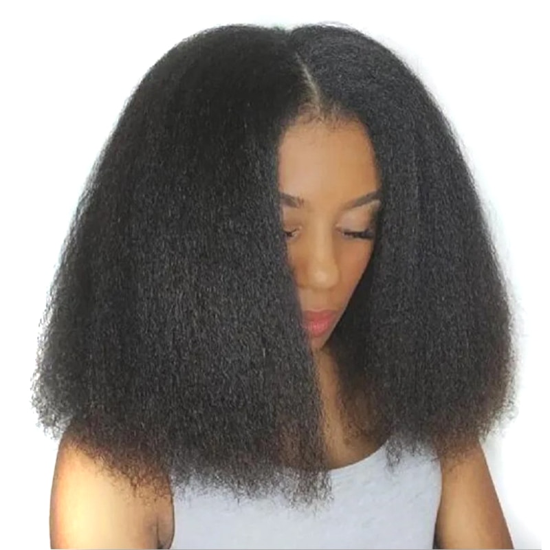 afro Verworrene Gerade Bob Perücken Synthetische Hohe Temperatur Faser Haar Yaki Gerade kräuseln Mittlere Länge Perücken Für Frauen 14 Zoll