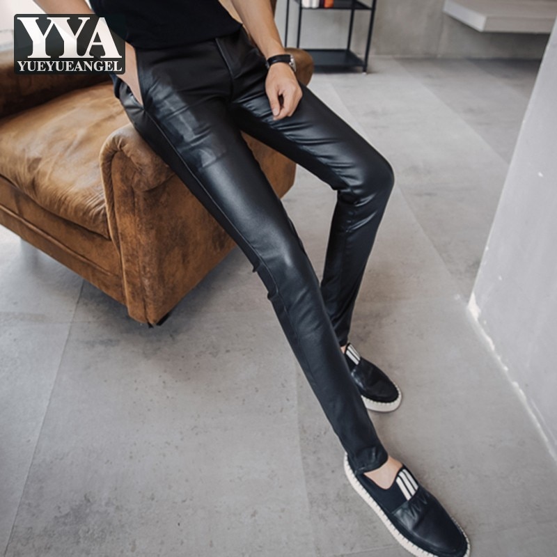 gotisch Dünne Leder Hosen Mens Motorrad Dünne Elastische Gerade drücken-hoch Bleistift Hosen Punk Streetwear Schwarze Schlauch