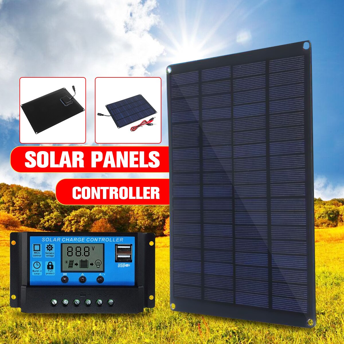 20W 18V Solar- Tafel mit batterie Clip + 10/20/30/50A Solar- Auto Ladegerät Regler Solar- Zellen Für draussen Camping Wandern Tragbare