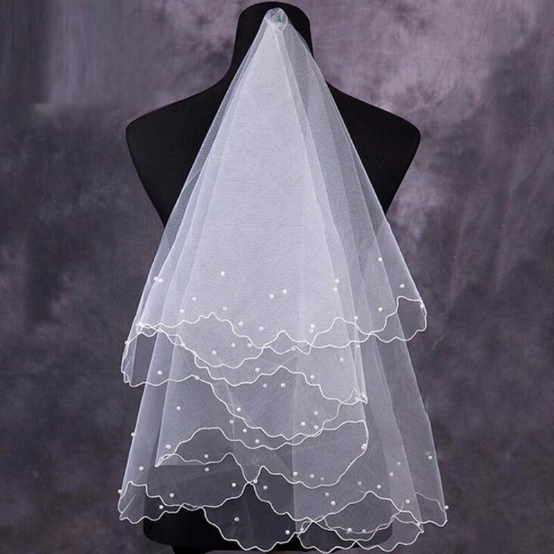 Frauen Perle Braut Schleier Brautkleid Schleier Schichten Tüll-Band-Rand Hochzeit Zubehör