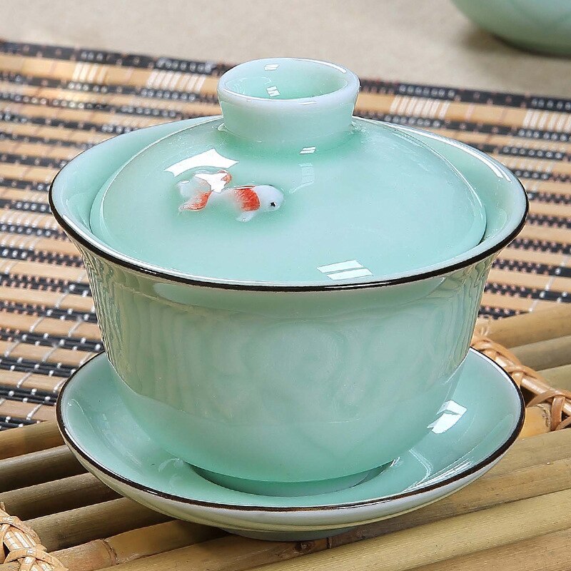 Chinesischen Seladon fisch gai schwach Tee-einstellen, Knochen China Tee tasse Dehua gaiwan Tee porzellan Teetasse Tee-einstellen für kreative wasserkocher