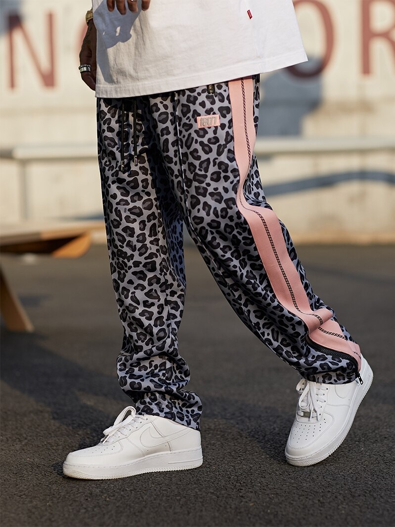 Grau Rosa Leopard Druck lässig Sport Hosen Paar der Hüfte hüpfen verlieren Gerade Hosen Herren Hosen
