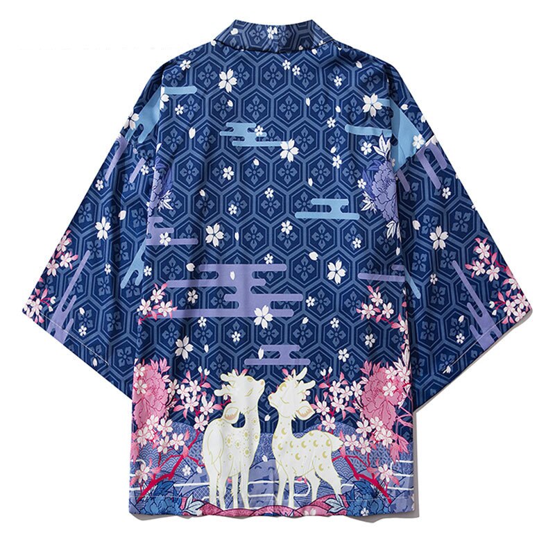 Harajuku Herren Shirt Hirsch Kirschblüzehn Blumen Druck Männer Yukata Japanischen Kimono Strickjacke Hüfte hüpfen Streetwear Beiläufige verlieren Spitzen