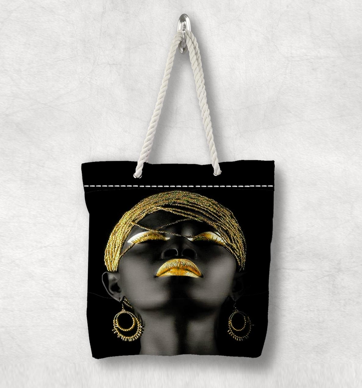 Sonst Schwarz Mädchen Gelb Haar Lippen Neue Weiß Seil Griff Leinwand Tasche Baumwolle Leinwand Mit Reißverschluss Tote Tasche Schulter Tasche