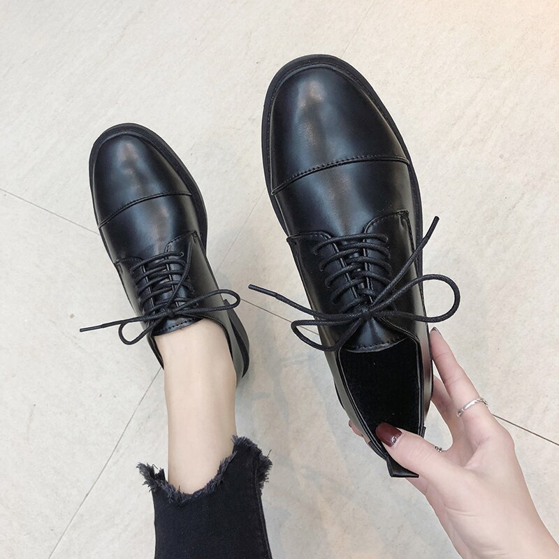 Runde Kappe Spitze-hoch oxfords wohnungen schuhe frauen retro britischen Hochschule Derby schuhe herbst klobig büro kleine leder schuhe schwarz