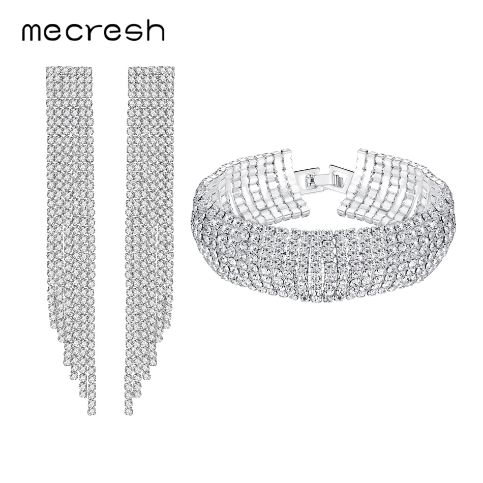 Mecresh Strass Quaste Ohrringe Armbinde einstellen Braut Hochzeit Schmuck Silber Farbe Ohrringe Tennis Armbinde setzt 424 + 341-8
