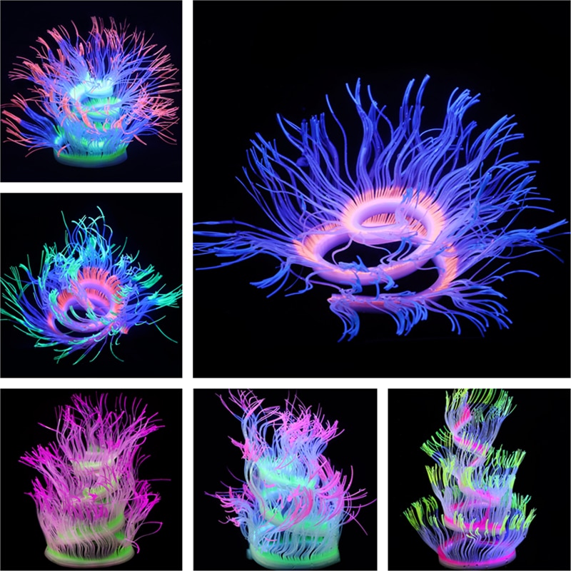 Neue flexibel Stil Silikon Aquarium Korallen Anemone Dekoration Künstliche Fisch Panzer Seeanemone Ornament glühend in Licht