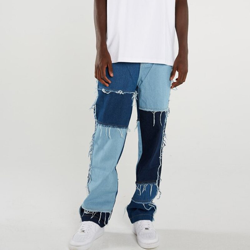 Männer lässig Gerade Quaste Patchwork Jeans Hosen Männlichen Streetwear verlieren Hüfte hüpfen Denim Volle Länge Hosen