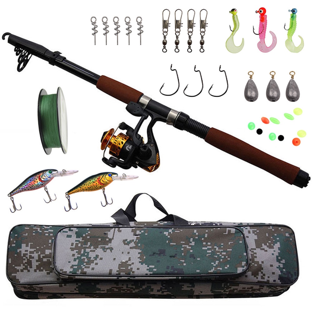 Hyäne Teleskop Angelrute Combo und Spule voll Bausatz Spinnen Haken Jig Kopf Angeln Spule Gang Pol einstellen 100M angelschnur Lockt