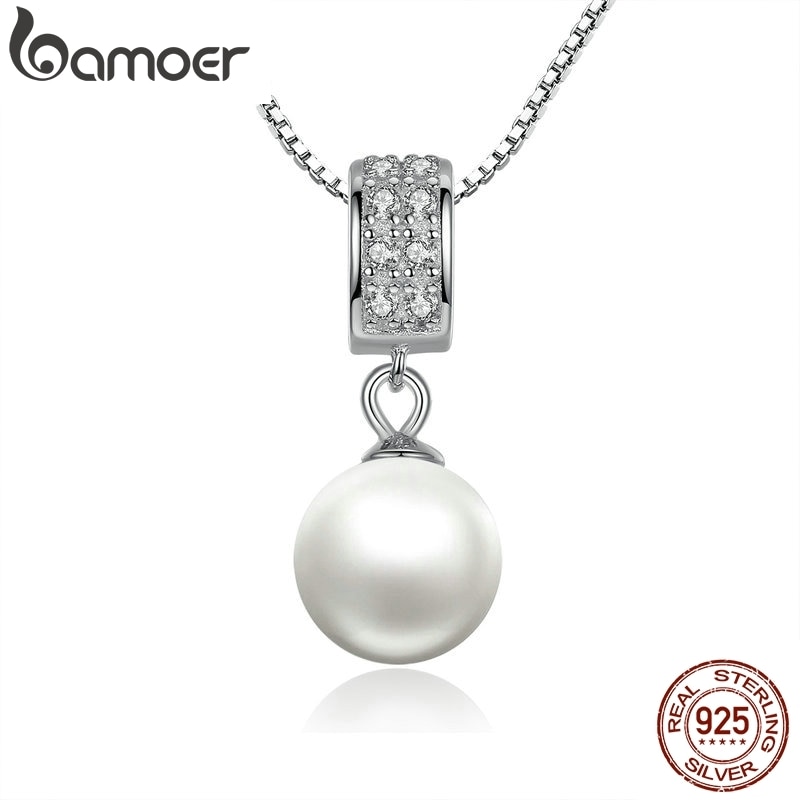 BAMOER 925 Sterling Silber Simulierte Perle Anhänger Halskette Lange Kette Halskette Schmuck Hochzeit Halskette Zubehör SCN030