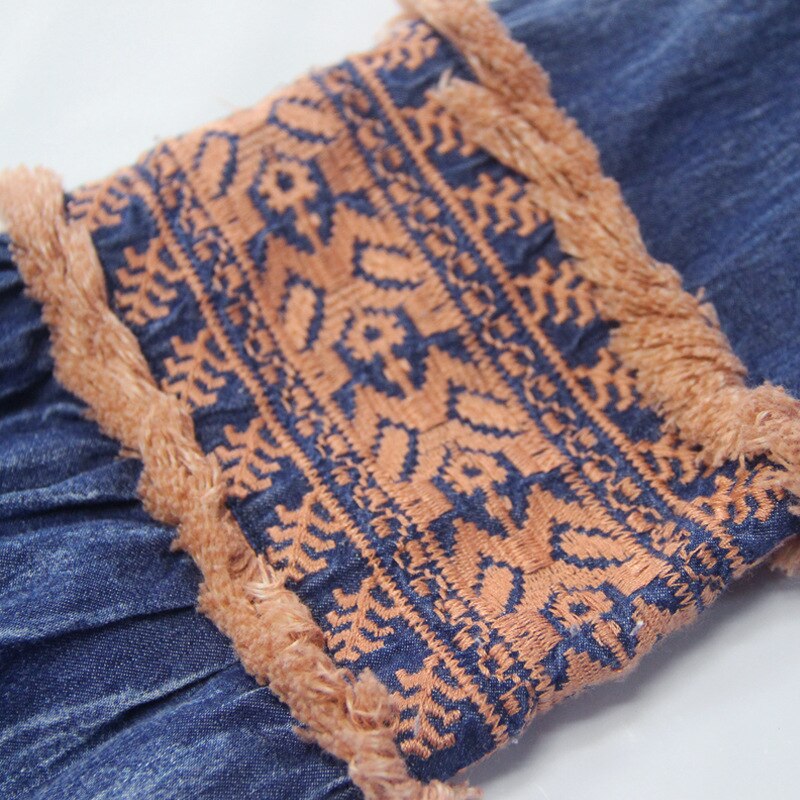 Frauen Spitzen Laterne Hülse Denim Blusen retro Stickerei Spitze Langarm lässig Hemden TB9283