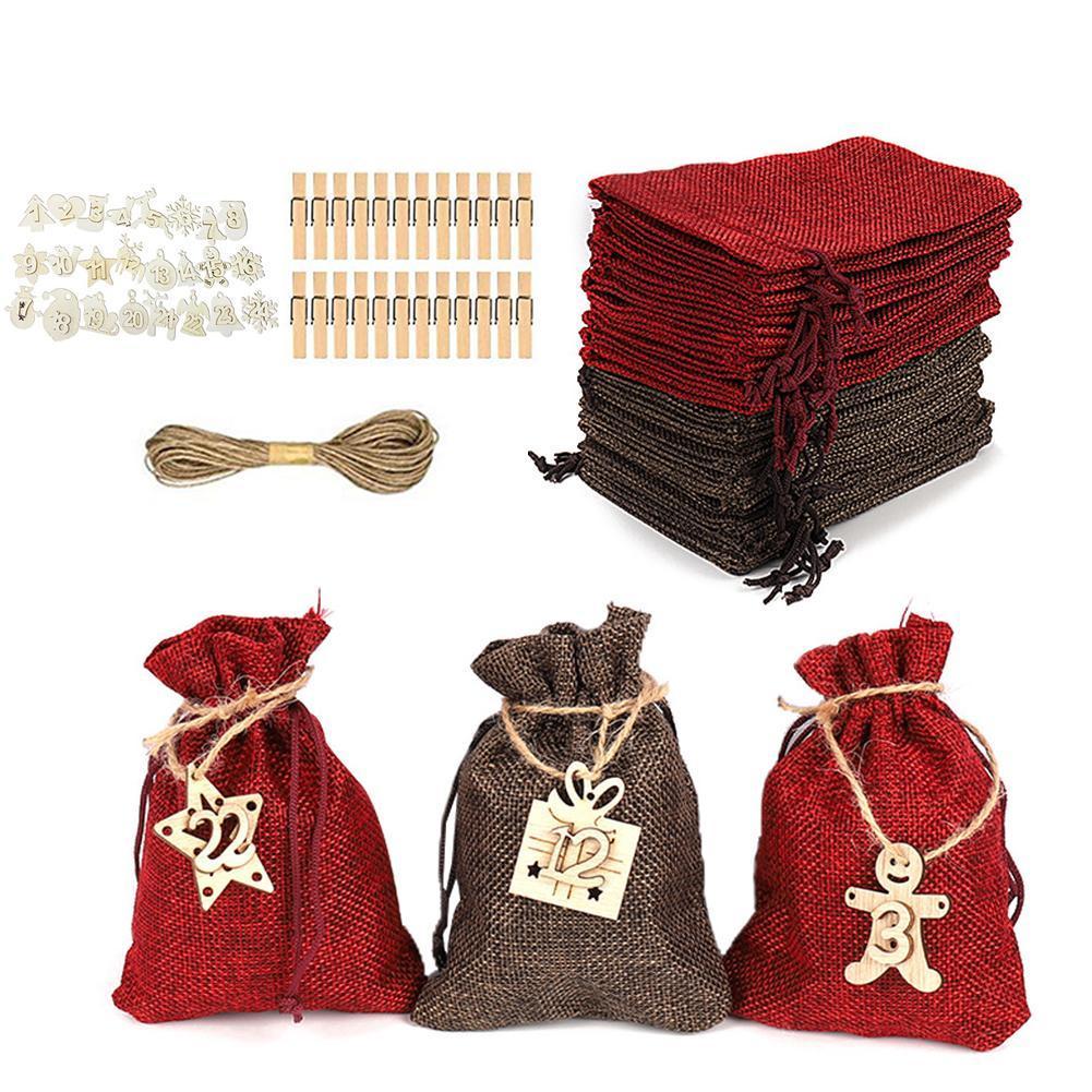 Weihnachten Advent Kalender 24 Tage Hängen Kordelzug Süßigkeiten Wiederverwendbare Säcke Countdown DIY Taschen Weihnachten Dekorationen mit Stic D7B9