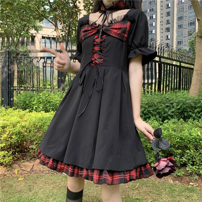 Viktorianischen Renaissance gotisch Lolita Kleid Japanischen Jahrgang Plaid Bogen Spitze-hoch Rüschen Mädchen Mini Kleid Frauen Schwarz Punk Kleider