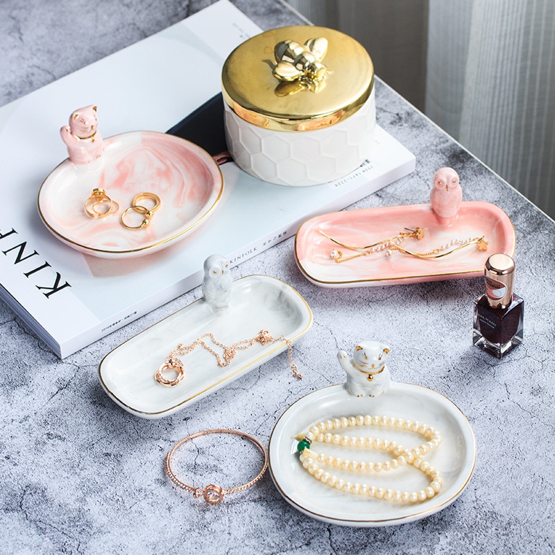 Goldene Hub Keramik Ring Halfter Gericht Schmuck Dekor Organizer Katze Eule bilden Schmuck Tablett Porzellan Platte Seife Gericht Hause Dekor