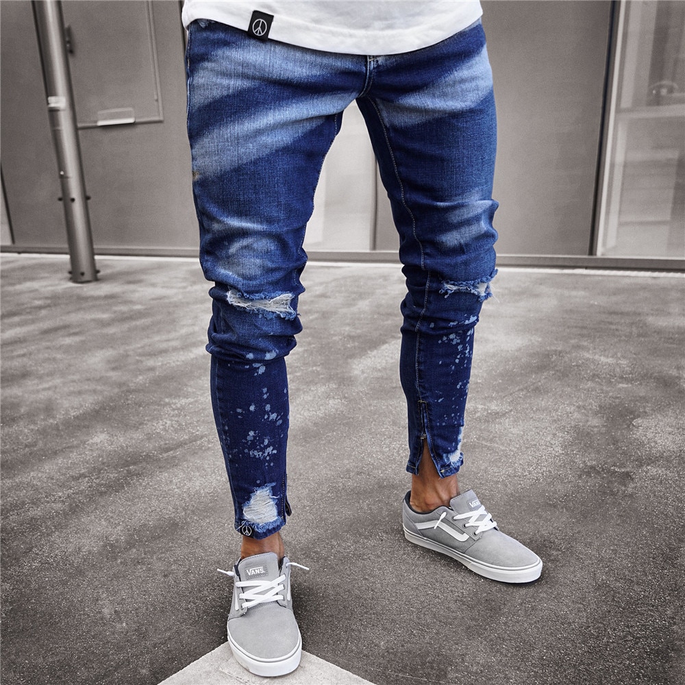 Männer Dünne strecken Jeans betrübt Zerrissene Jeans Freyed Denim Leichte Baumwolle Hosen Kühlen Streetwear Farbstoff Hosen