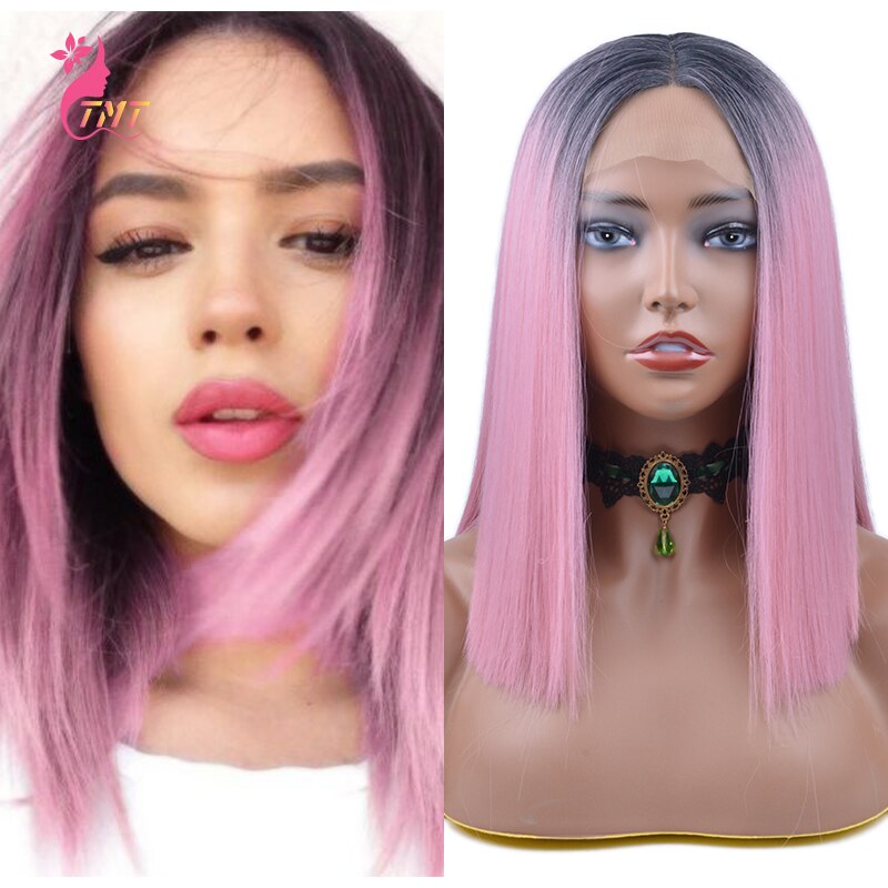 Kurze Synthetische Perücken Bob Mittelteil Spitze Vorne Perücke Hitze Beständig Gerade Haar Natürlich Aussehende für Schwarze Frau