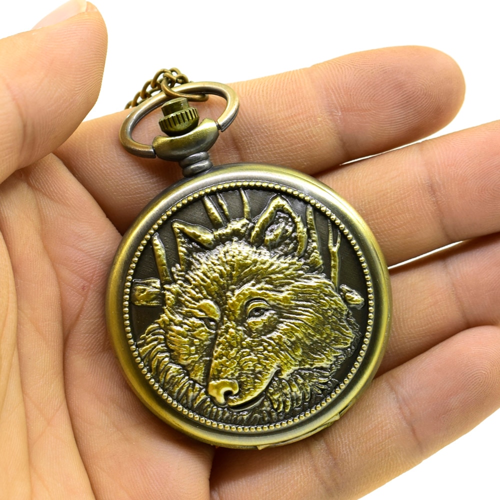 Kühlen Wolf Taschenuhr Jahrgang retro Männer Taschenuhr Linderung Runde Bronze- Legierung Quarz Zifferblatt Arabisch Pocketwatch Mit kette