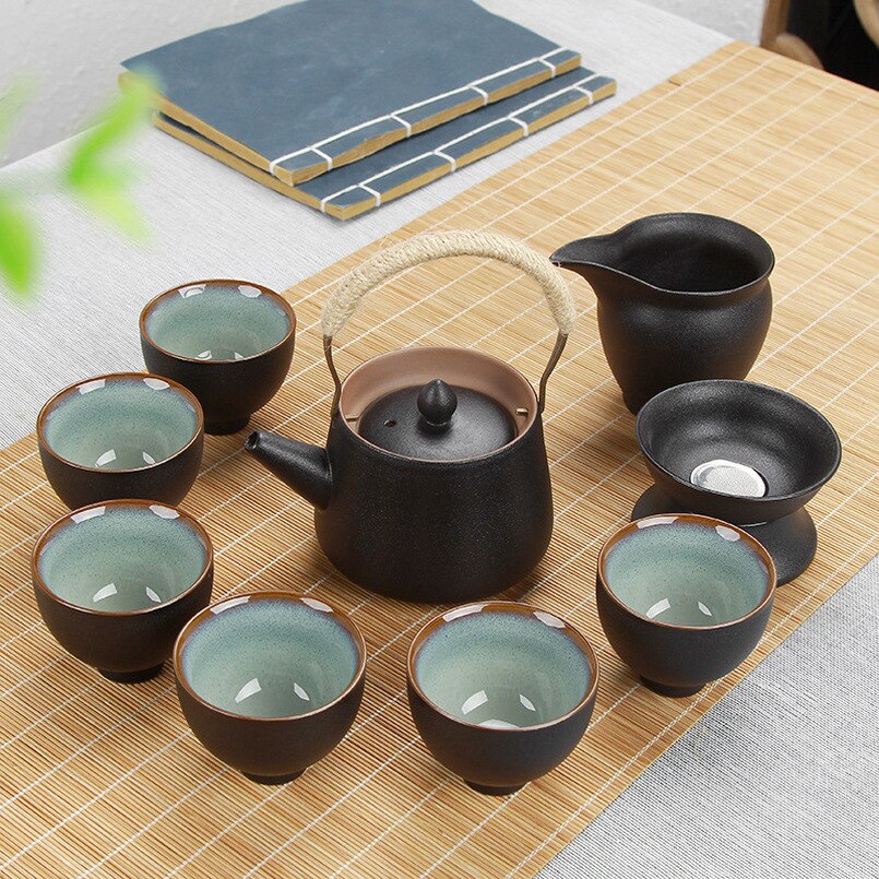 Keramik Tee-einstellen Teegeschirr Japanischen Stil Kung Fu Tee-einstellen retro Schwarz Steinzeug Tee Tasse einstellen von 6 Teekanne Teetasse