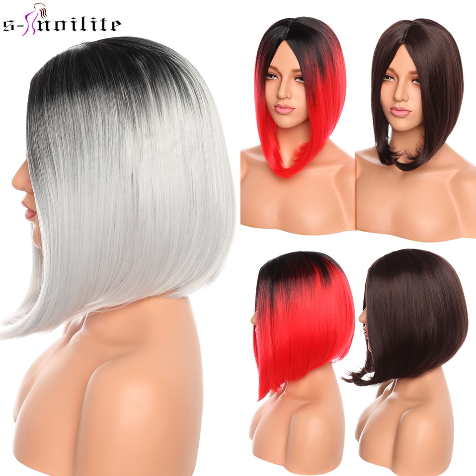 SNOILITE schwarz grau kurze gerade Bob perücke 12Zoll mittleren teil haaransatz perücke ombre synthetische natürliche Bob haar perücken für frauen