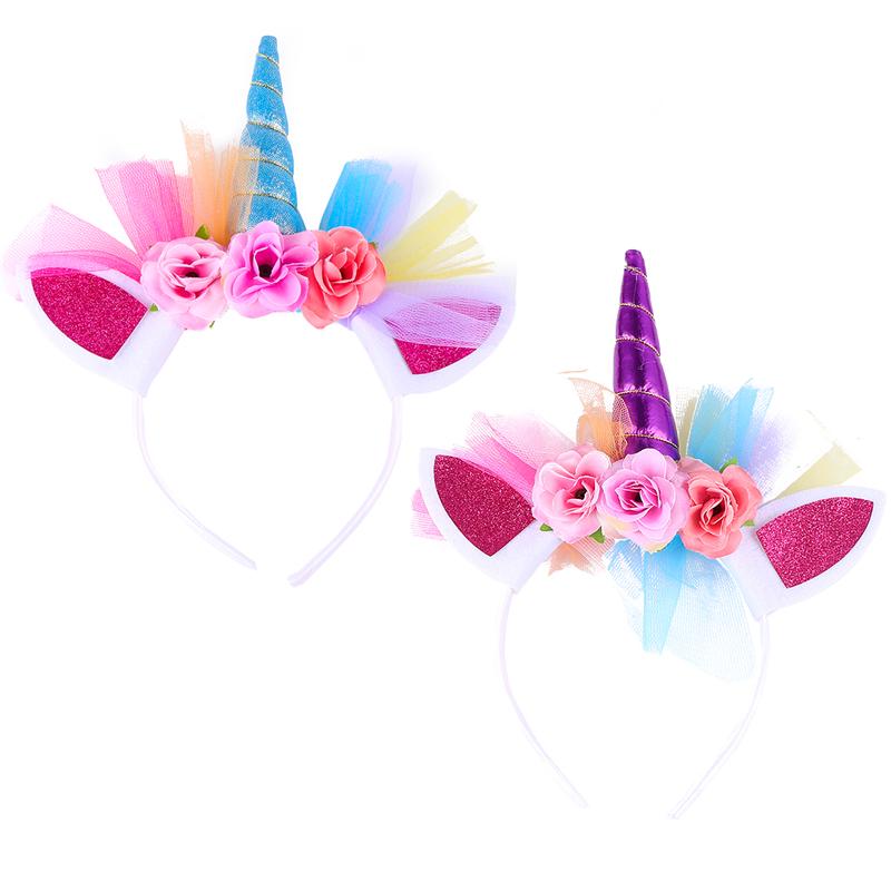 2 stücke Einhorn Party Haar Zubehör Für Mädchen freundlicher Gittergewebe Blume Haar Bands Katze Ohren Bunte Blume Einhorn funkeln Kopfschmuck