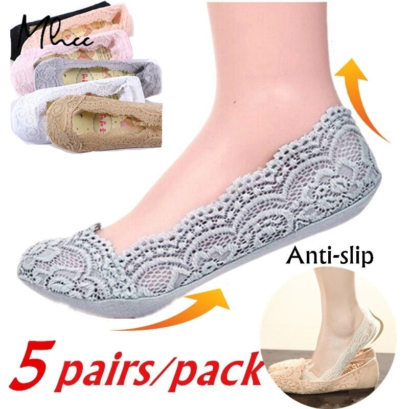 5 paar/paket Frauen Mädchen Baumwolle Unsichtbare Anti-schlupf Knöchel Socken Spitze Socken Frauen Unsichtbare Socken Nein Show Socken nicht-Unterhose