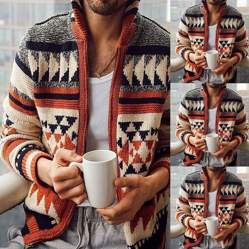Jacquard zur Seite fahren Herren Herbst Winter Geometrische Mens Strickjacke lässig Kamel Haar Rippen Saum Männer Outwear Übergroßen Warme Jacke