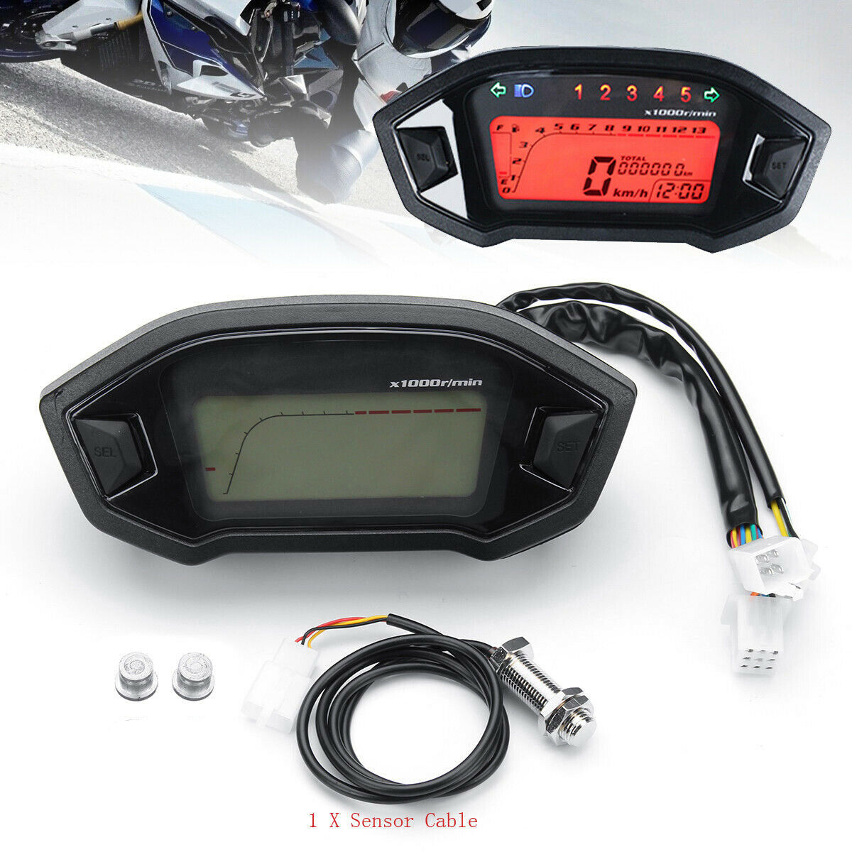 Universal- Motorrad LCD Digital 7 Farben 13000 rpm Lcd-Computer-geschwindigkeitsmesser-grüNe Hintergrundbeleuchtung Motorrad Kilometerzähler für 2,4 Zylinder Meter