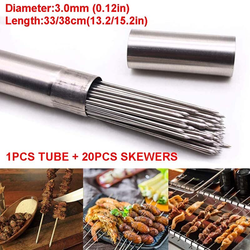 3mm Dicken Grill Spieße Edelstahl Nicht Stock BBQ Spieß 30 stücke + Rohr Wiederverwendbare Metall Nadel Stöcke für shish kabob Grill