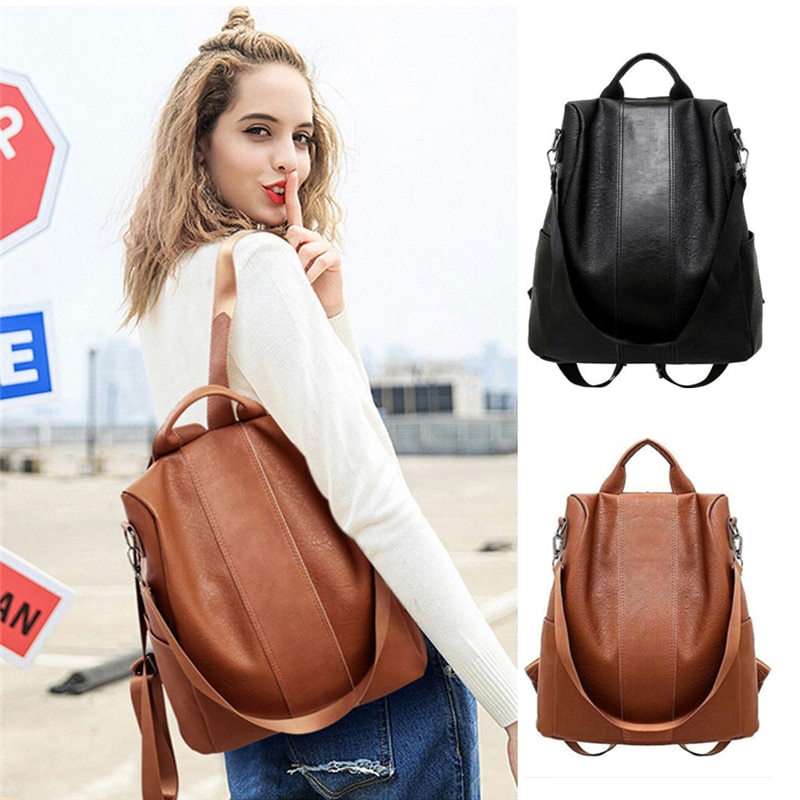 Weibliche Anti-diebstahl Rucksack Klassische PU Leder Einfarbig Rucksack Canta Schulter Tasche Schwarz Braun