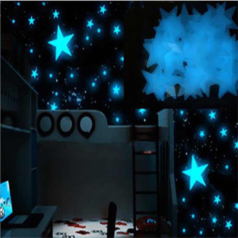 100 stücke 3D dunkel Blaue Glühende Sterne leuchtend Aufkleber Fluoreszierende Aufkleber Kinderzimmer Farbe Hause Dekoration 3CM