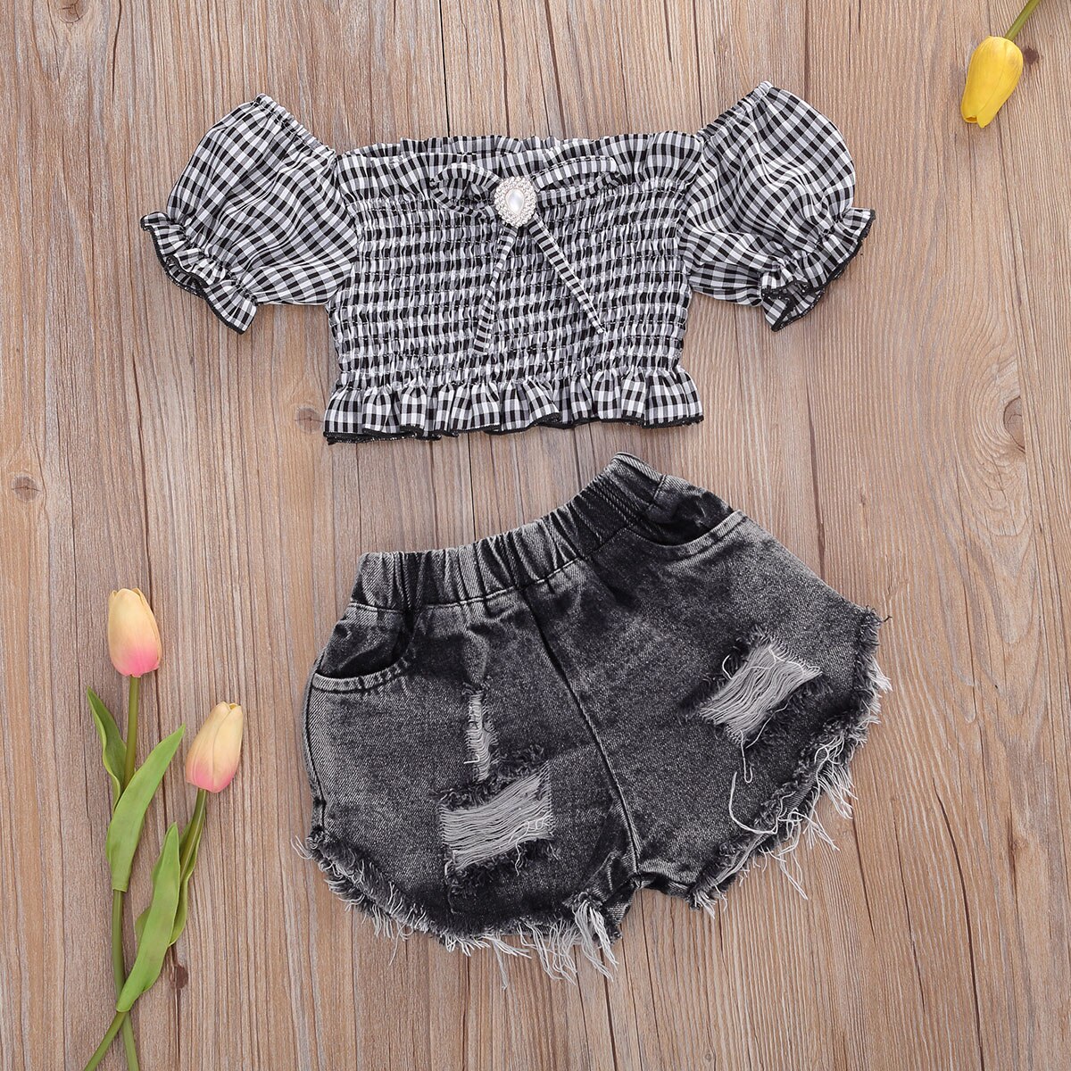 Baby Mädchen Kleidung setzt Kurzarm aus Schulter Plaid T-Hemden Spitzen Denim kurze Hose 2 stücke Für 2-9Y Sommer Kleinkind kleidung