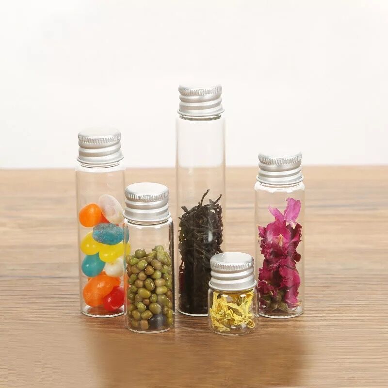 50 teile/los 5/6/8/10/14/18/20/25 ml Glas Flaschen mit Aluminium Schraube Kappe Leere Flaschen Silber Metall Deckel Glas Fläschchen Gläser Dekor
