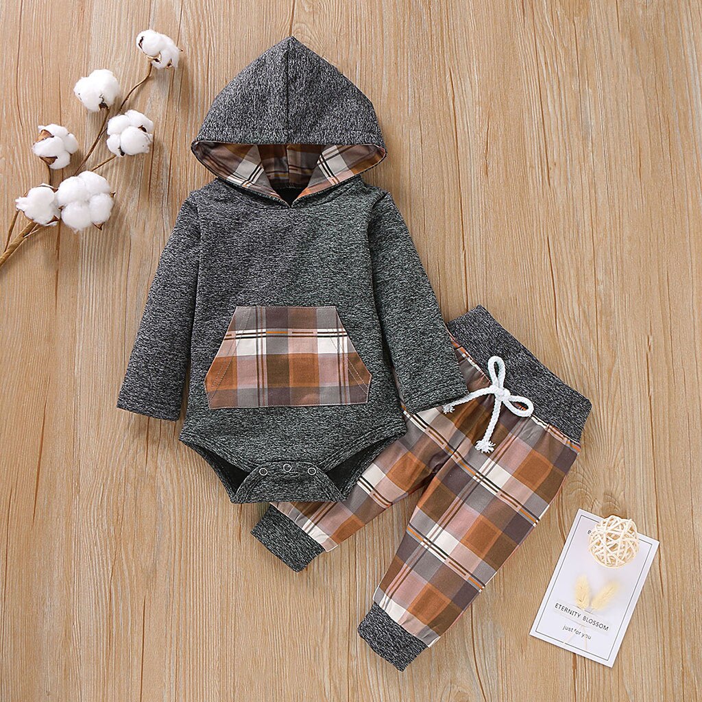 NEUE freundlicher kleidung kleidung einstellen Jungen kleidung Neugeborenen Baby Mädchen Plaid Mit Kapuze zur Seite fahren Strampler + Hosen Outfits setL5010918