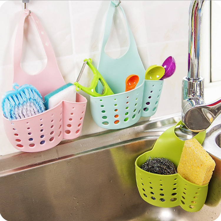 Umweltfreundliche Küche Waschbecken Wasserhahn Hängenden Korb Einstellbare Druckknopf Ablauf Gestell Organisation Schwamm Lappen Pinsel Lagerung Tasche