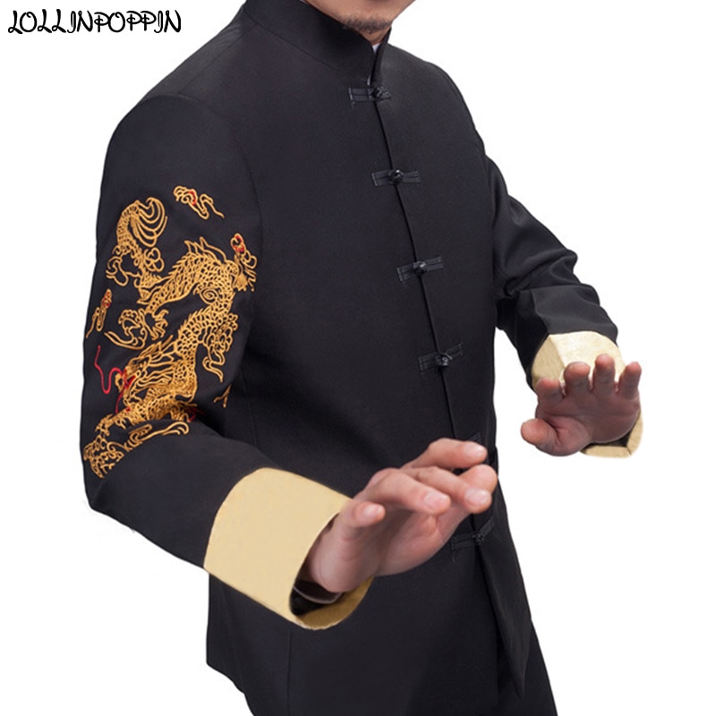 Traditionellen Chinesischen Stil Herren Tunika Anzug Jacke orientalisch Drachen Stickerei Frosch Verschluss Mandarin Kragen Männer Schwarzen Anzug Jacke