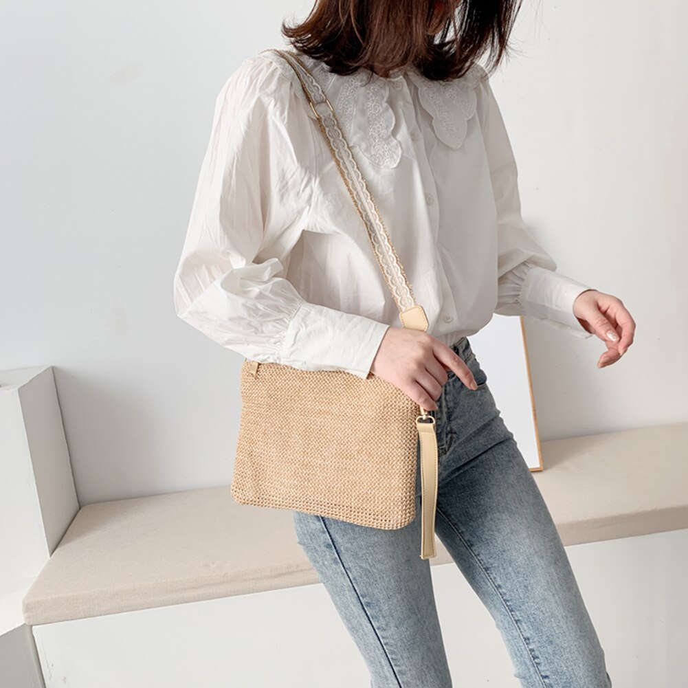 Frauen Stroh Weben Schulter Handtaschen Totes Weibliche lässig Strand Gewebt Bote Crossbody Schulranzen Taschen