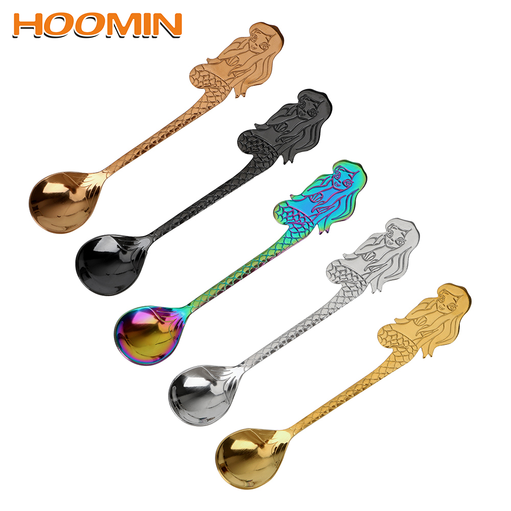 HOOMIN 12,5 cm Kaffee Löffel Edelstahl Meerjungfrau aufbringen Löffel Besteck Kaffee Trinken Werkzeug Heimat Küche Zubehör Gerät