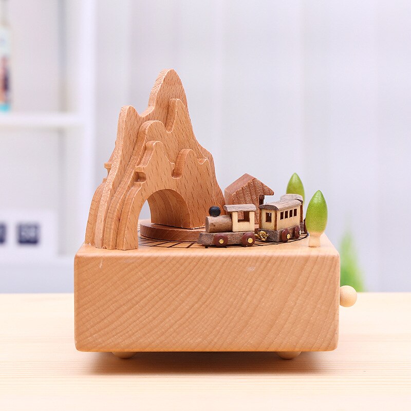 Zug Kreuzung sterben Höhle Holz Musik Kasten Uhrwerk Kunst Handkurbel Musik Boxen Holz Handwerk Hause Dekoration Zubehör
