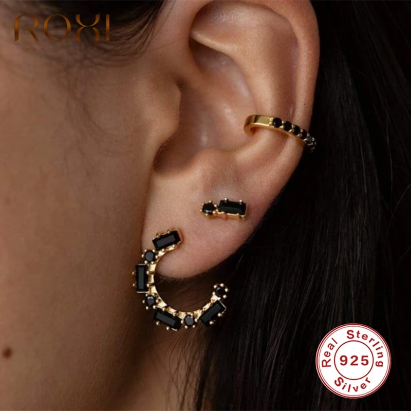 ROXI Platz Schwarz Weiß Zircon Kristalle Zucht Ohrringe Pro Frauen Geometrie durchbohren Ohrringe Sekretariat 925 Sterling Silber-