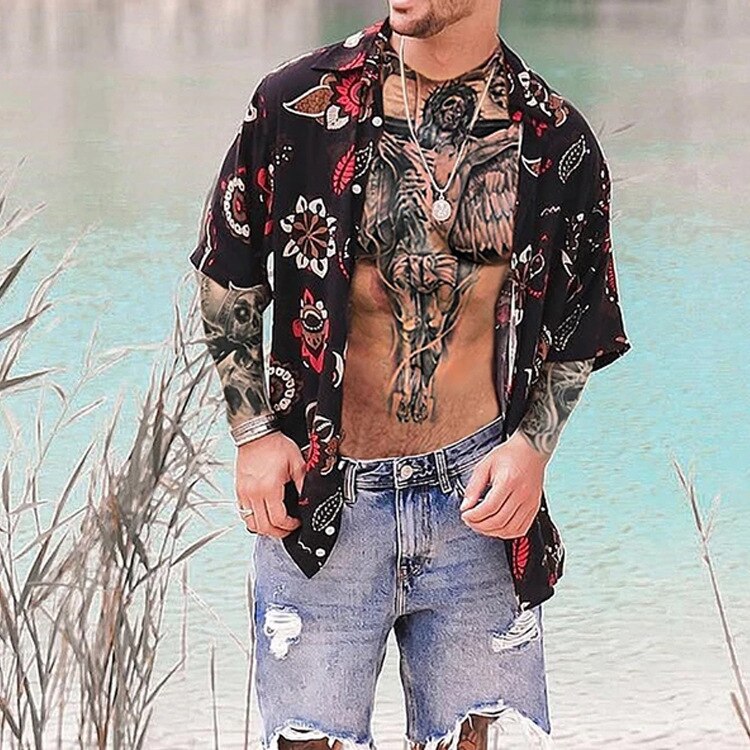 Japanische männer Mittel Ärmel Gedruckt Hemd Neue hawaiisch Schwarz oben Große Sommer Hemd